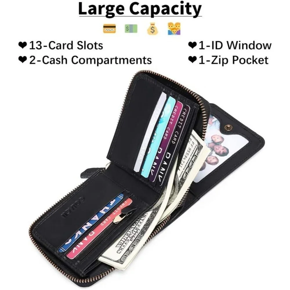 Men's B-Black Wallets Genuine Leather Front Around Zip Pocket Credit Card